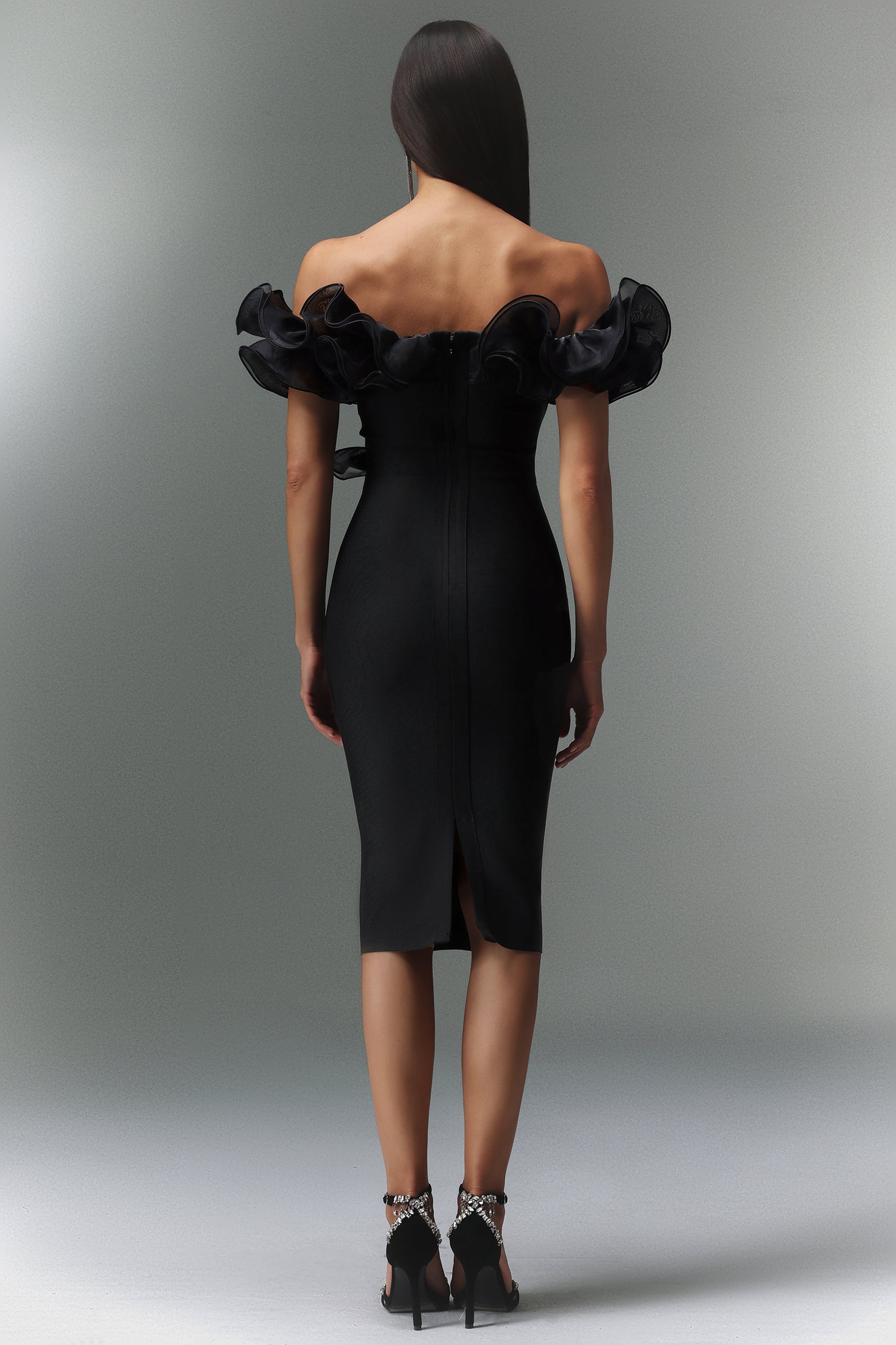 Faith Midi Dress - Off-The-Shoulder Flounce - Body-Hugging Fit - High-Quality Materials