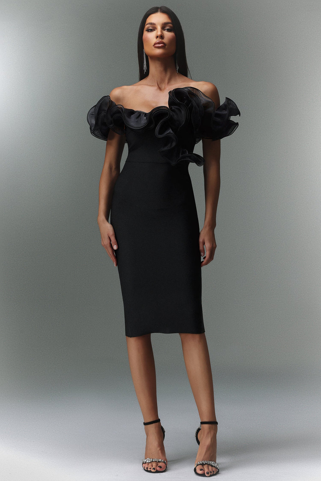 Faith Midi Dress - Off-The-Shoulder Flounce - Body-Hugging Fit - High-Quality Materials