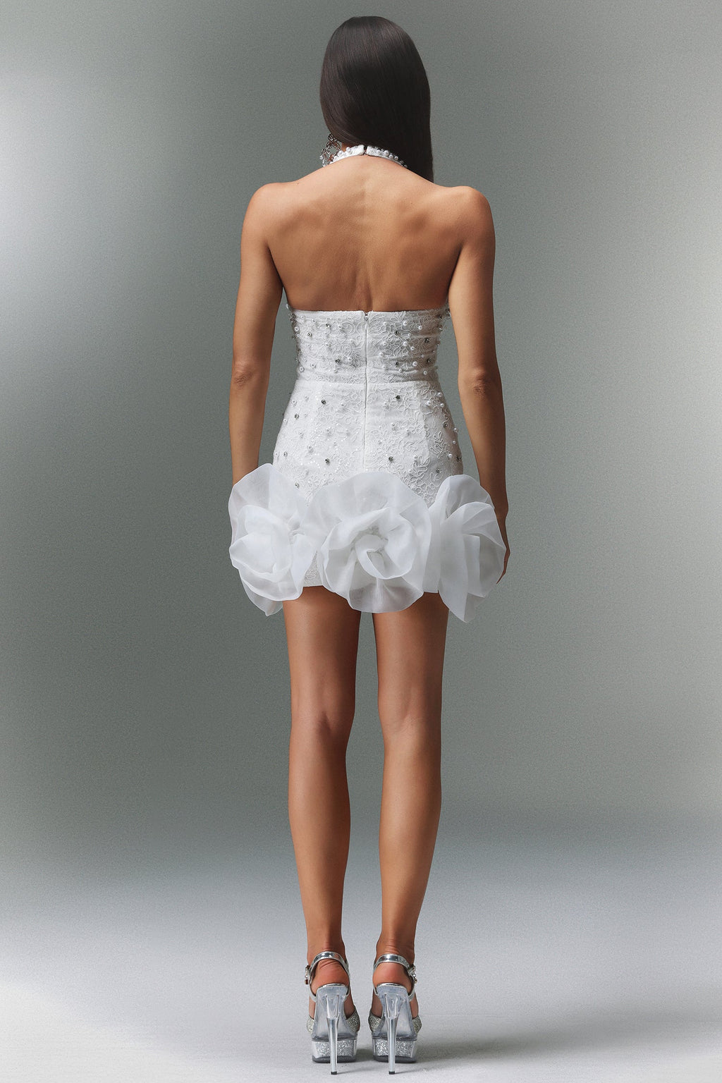 Laney Mini Dress - Sleeveless V-Neck - Diamond Flowers - Shimmering Embellishments - Flattering Fit - Floral Hem