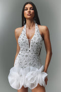 Laney Mini Dress - Sleeveless V-Neck - Diamond Flowers - Shimmering Embellishments - Flattering Fit - Floral Hem