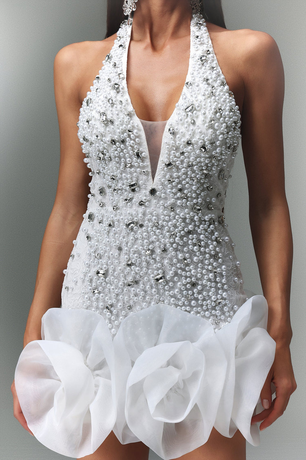 Laney Mini Dress - Sleeveless V-Neck - Diamond Flowers - Shimmering Embellishments - Flattering Fit - Floral Hem