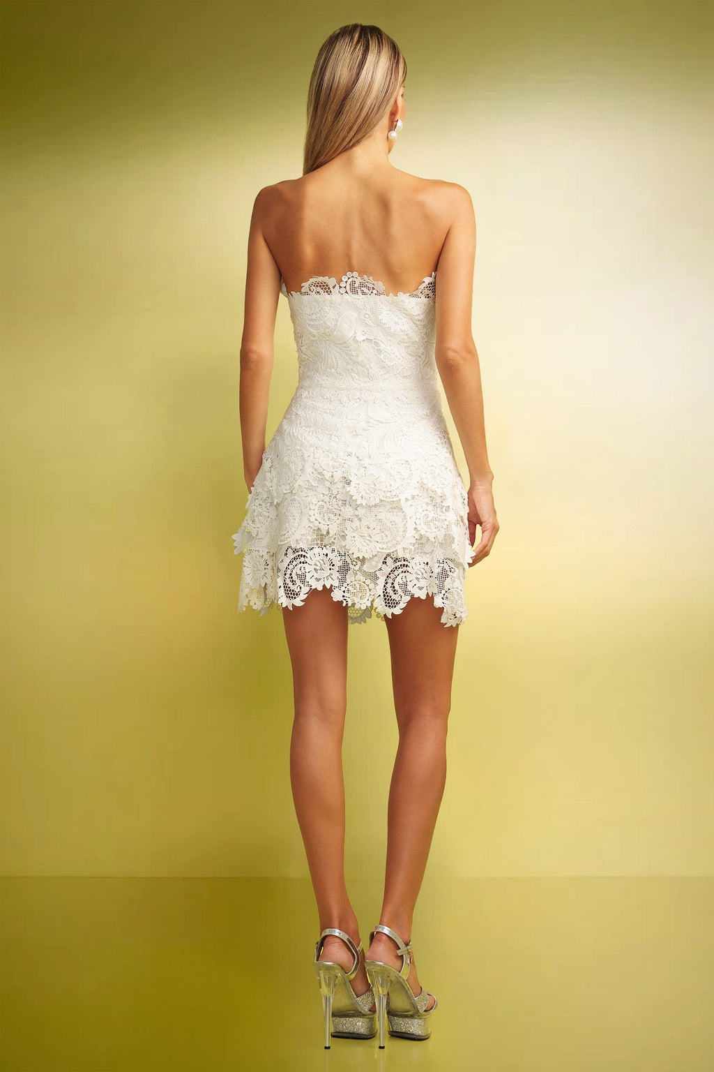 Sabina Strapless Lace Mini Dress - Detailing - Strapless Silhouette - Fitted Bodice - Mini Length