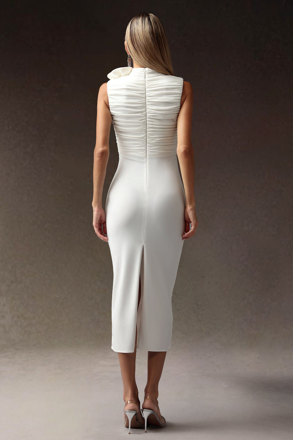 Tatiana Midi Dress - High Neckline - Ruched Detailing - Fabric Flowers - Draping Fit - Versatile