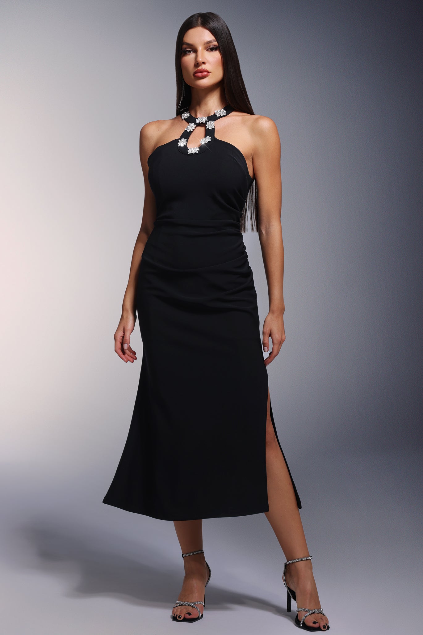 Tecla Midi Dress - Hollow Halter Neckline - Diamond Detailing - High Slit - Soft Stretchy Fabric - Versatile Styling Options