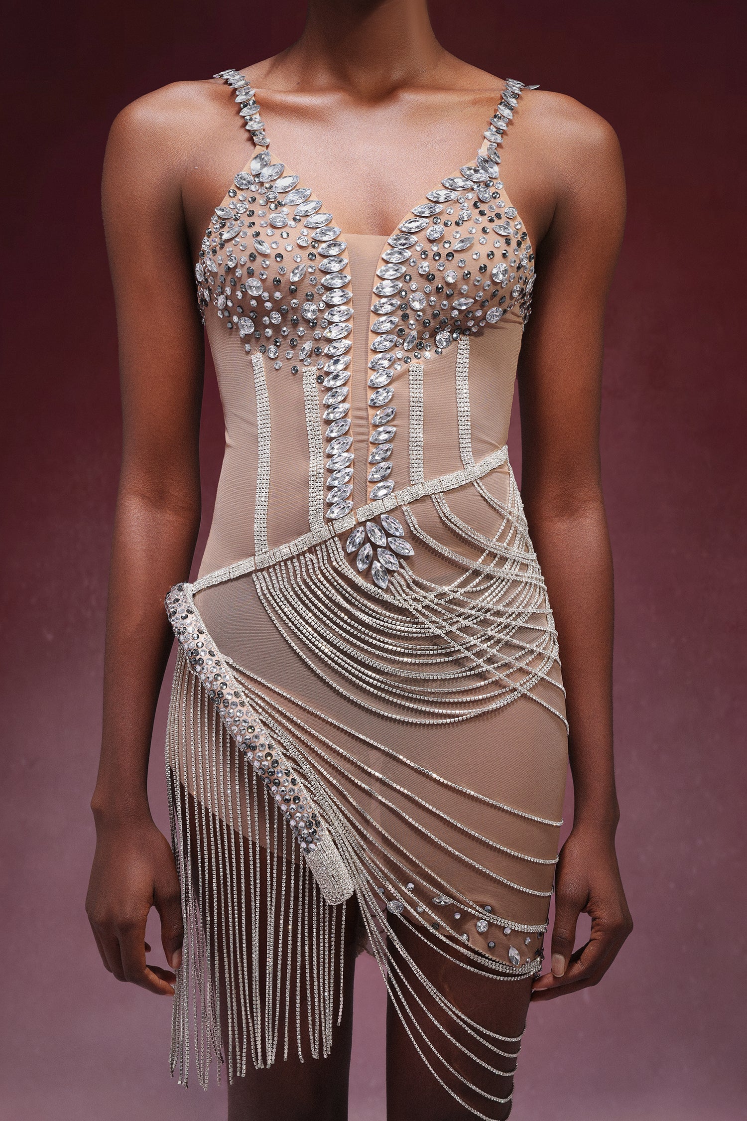 Rowan Mini Dress - Sleeveless Silhouette - V-Neckline - Diamond Detailing - Flowing Tassels - Luxurious Fabric