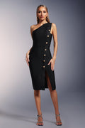 Skylar Midi Dress - One Shoulder - Bandage Fit - Button Detailing - Sophisticated Appeal