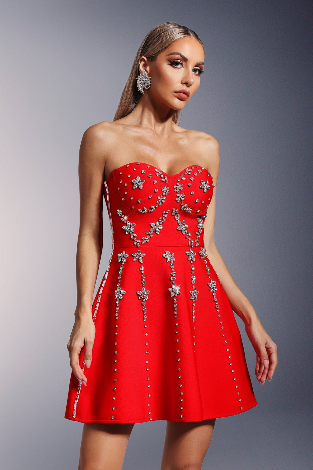 Karina Strapless Diamond Bandage Mini Dress - Intricate Diamond Detailing - Flattering Fit - Playful Flare
