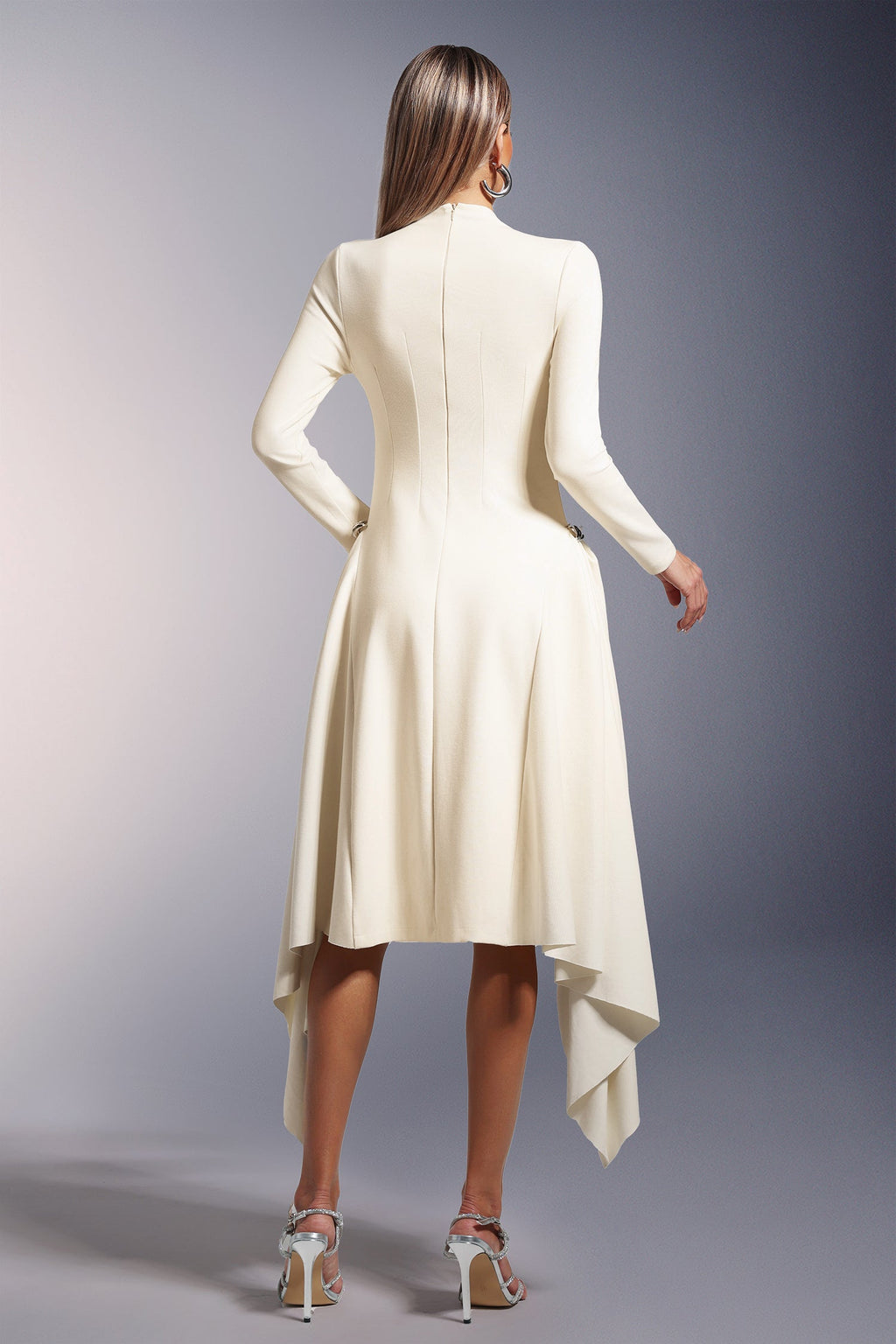 Palma Midi Dress - Unique Silhouette - High Neckline - Long Sleeves - Soft Fabric - Waist Detailing