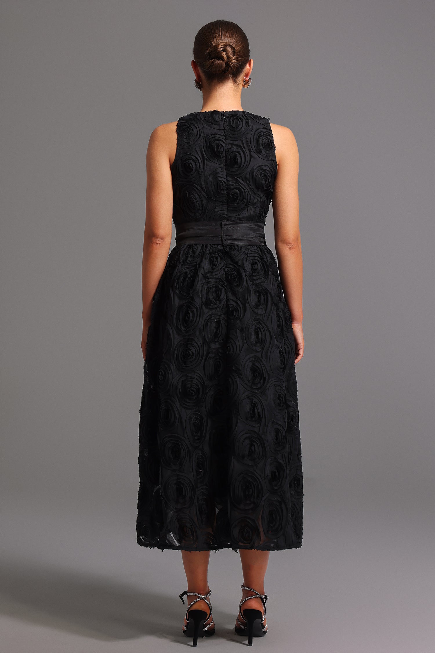 Emilee Midi Dress - Sleeveless Round Neck - Floral Detailing - Fit And Flare Silhouette - Satin Belt - High-Quality Materials