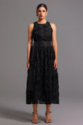 Emilee Midi Dress - Sleeveless Round Neck - Floral Detailing - Fit And Flare Silhouette - Satin Belt - High-Quality Materials
