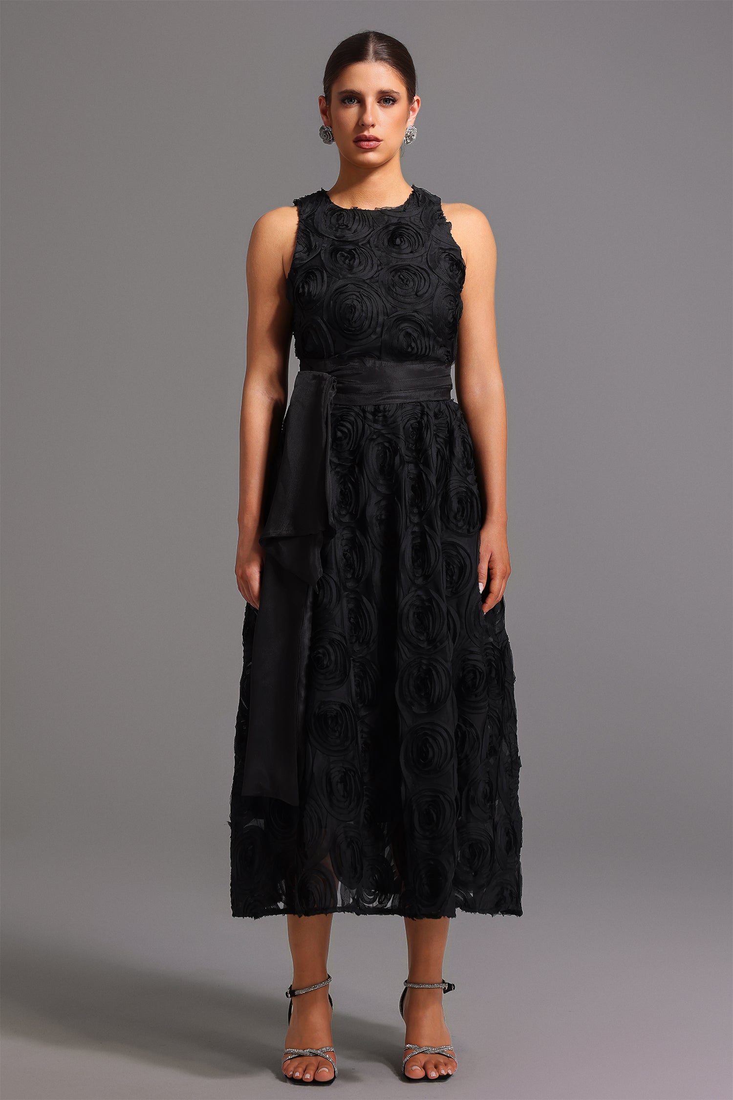 Emilee Midi Dress - Sleeveless Round Neck - Floral Detailing - Fit And Flare Silhouette - Satin Belt - High-Quality Materials