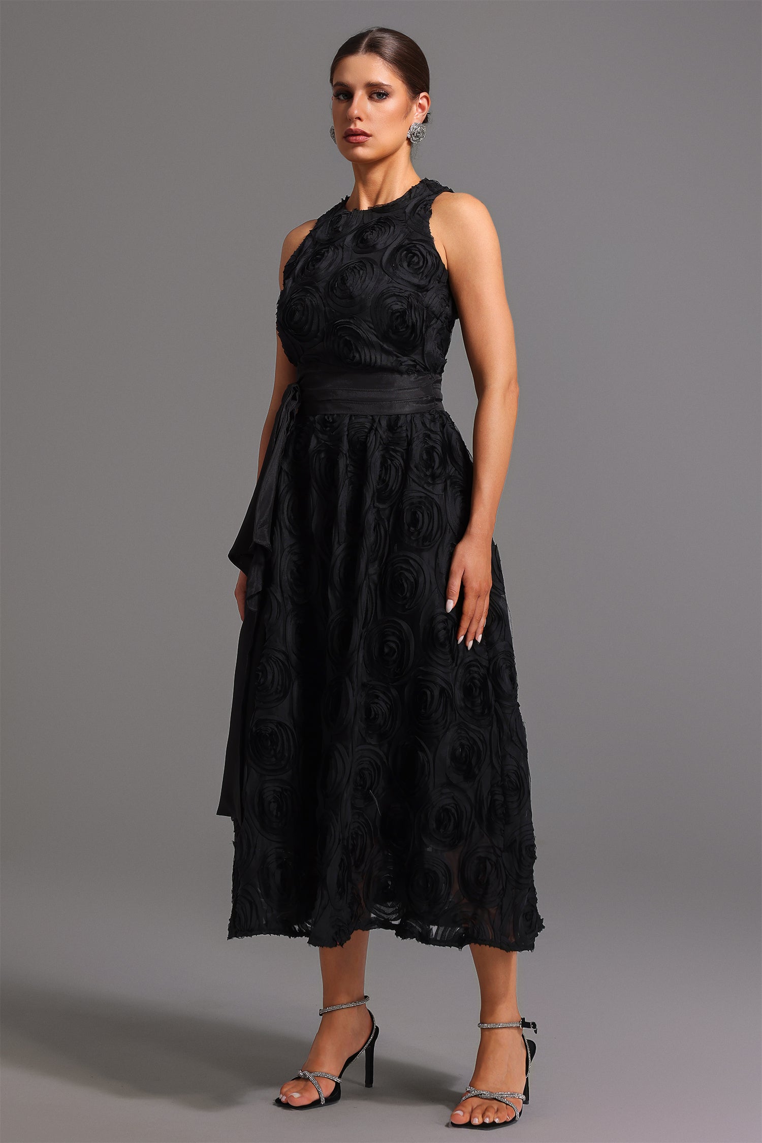 Emilee Midi Dress - Sleeveless Round Neck - Floral Detailing - Fit And Flare Silhouette - Satin Belt - High-Quality Materials