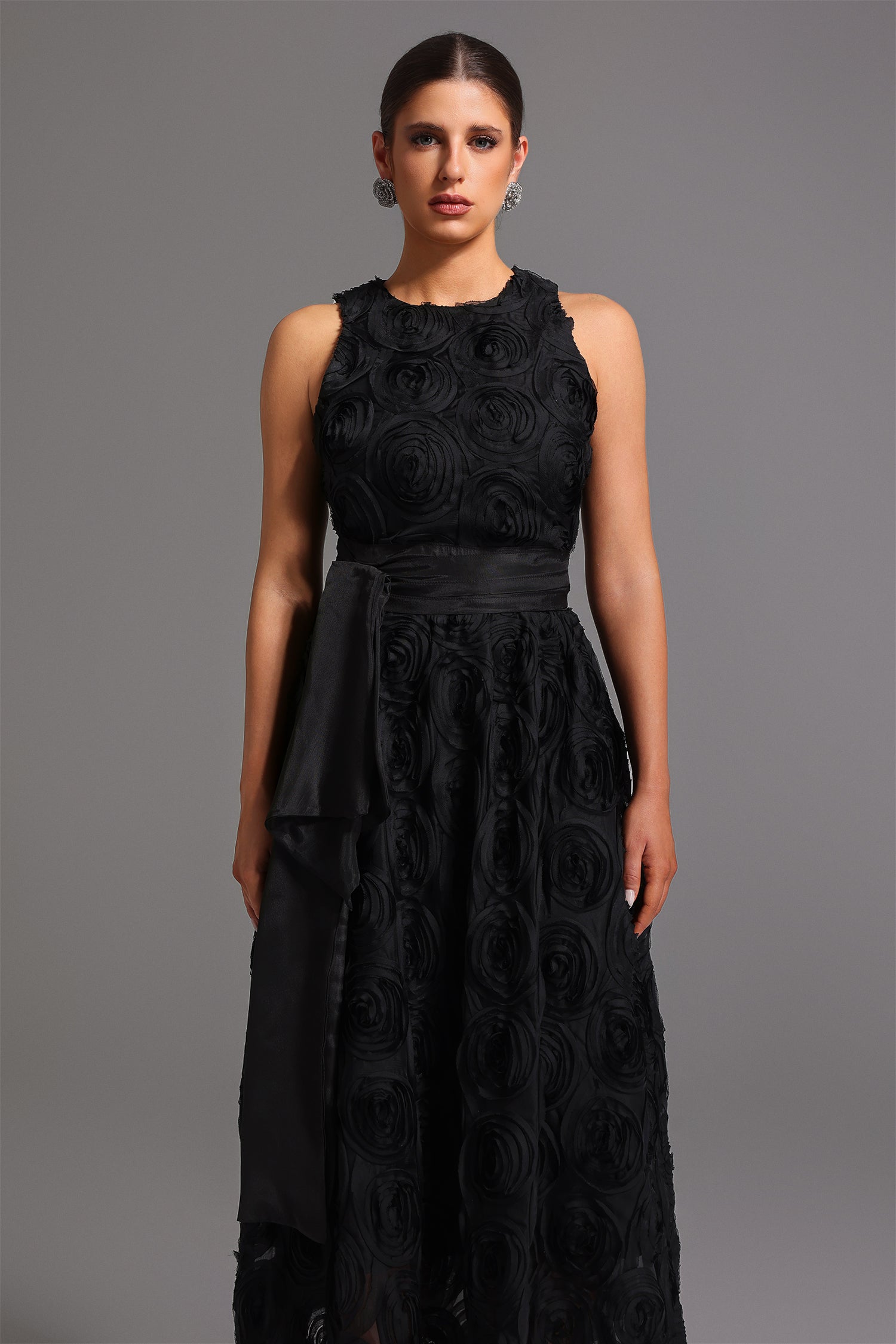 Emilee Midi Dress - Sleeveless Round Neck - Floral Detailing - Fit And Flare Silhouette - Satin Belt - High-Quality Materials