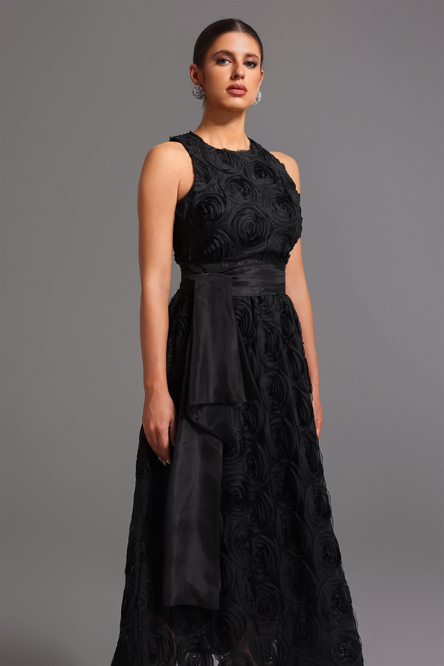 Emilee Midi Dress - Sleeveless Round Neck - Floral Detailing - Fit And Flare Silhouette - Satin Belt - High-Quality Materials