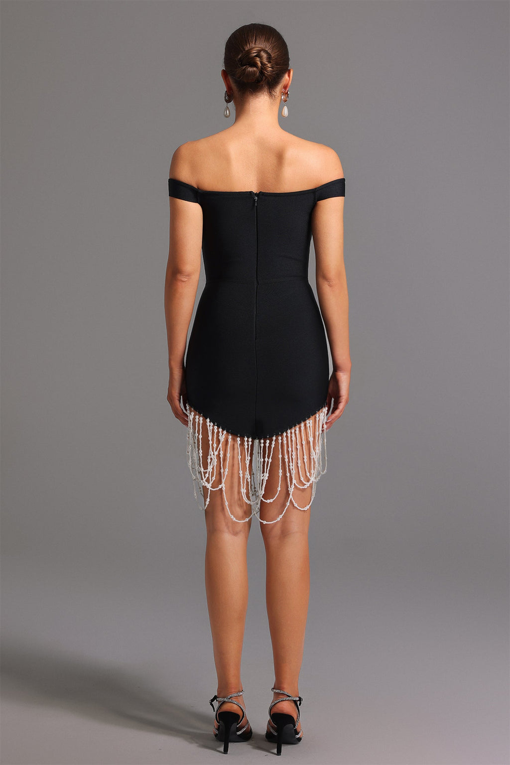 Piera Midi Dress - Fitted Silhouette - Off-The-Shoulder Neckline - Pearl Detailing - Length - High-Quality Materials