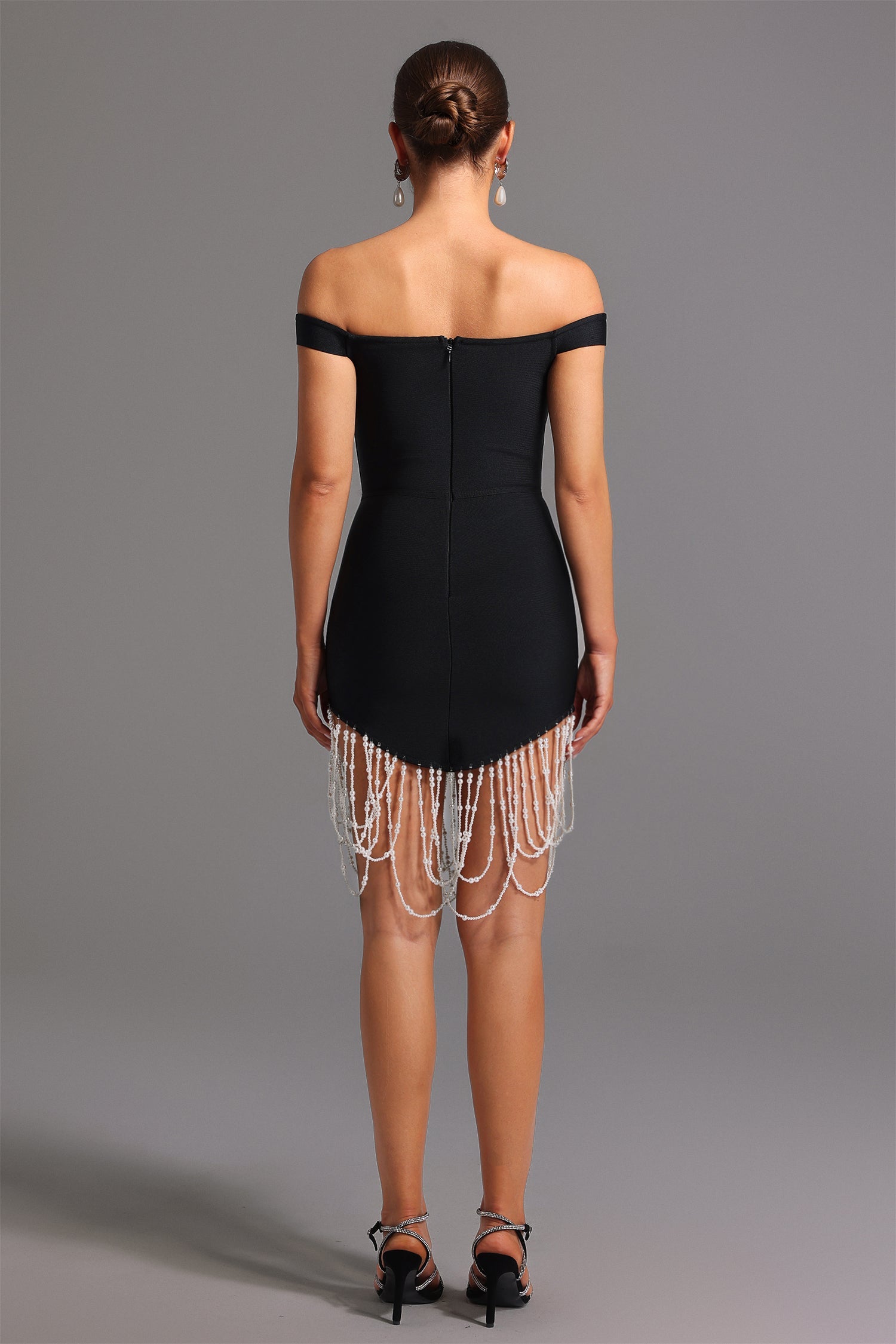Piera Midi Dress - Fitted Silhouette - Off-The-Shoulder Neckline - Pearl Detailing - Length - High-Quality Materials
