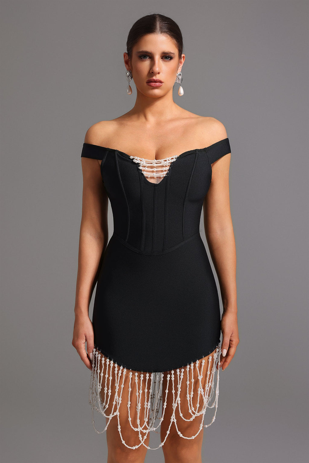 Piera Midi Dress - Fitted Silhouette - Off-The-Shoulder Neckline - Pearl Detailing - Length - High-Quality Materials