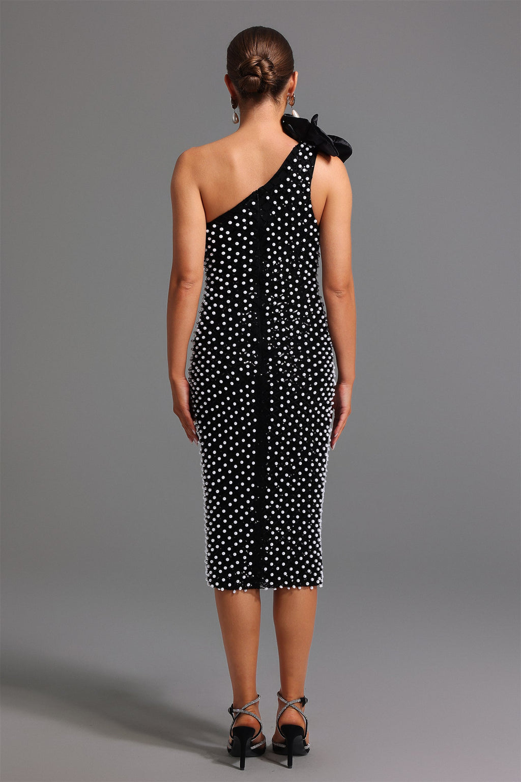Nadia One Shoulder Diamond Pearls Midi Dress - Floral Detailing - Sparkling Accents - Form-Fitting - Luxurious Materials