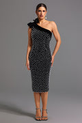 Nadia One Shoulder Diamond Pearls Midi Dress - Floral Detailing - Sparkling Accents - Form-Fitting - Luxurious Materials