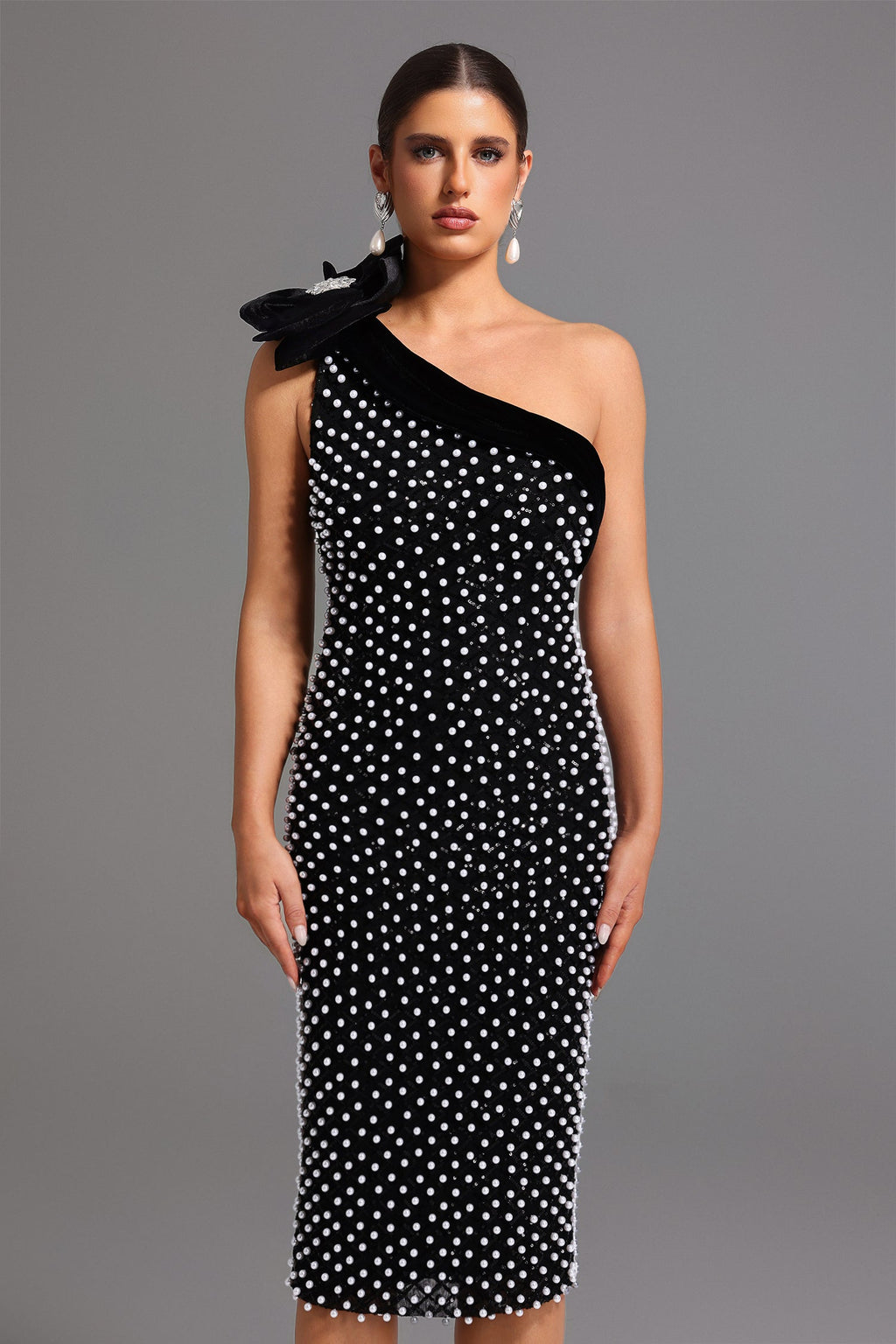 Nadia One Shoulder Diamond Pearls Midi Dress - Floral Detailing - Sparkling Accents - Form-Fitting - Luxurious Materials