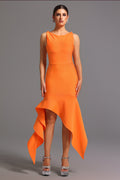 Milena Midi Dress - Sleek Silhouette - Asymmetrical Hem - Round Neckline - Comfortable Fit - Eye-Catching Color
