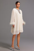 Guenda Midi Dress - Pleated - Diamond Detailing - Feather Accents - Lightweight Fabric
