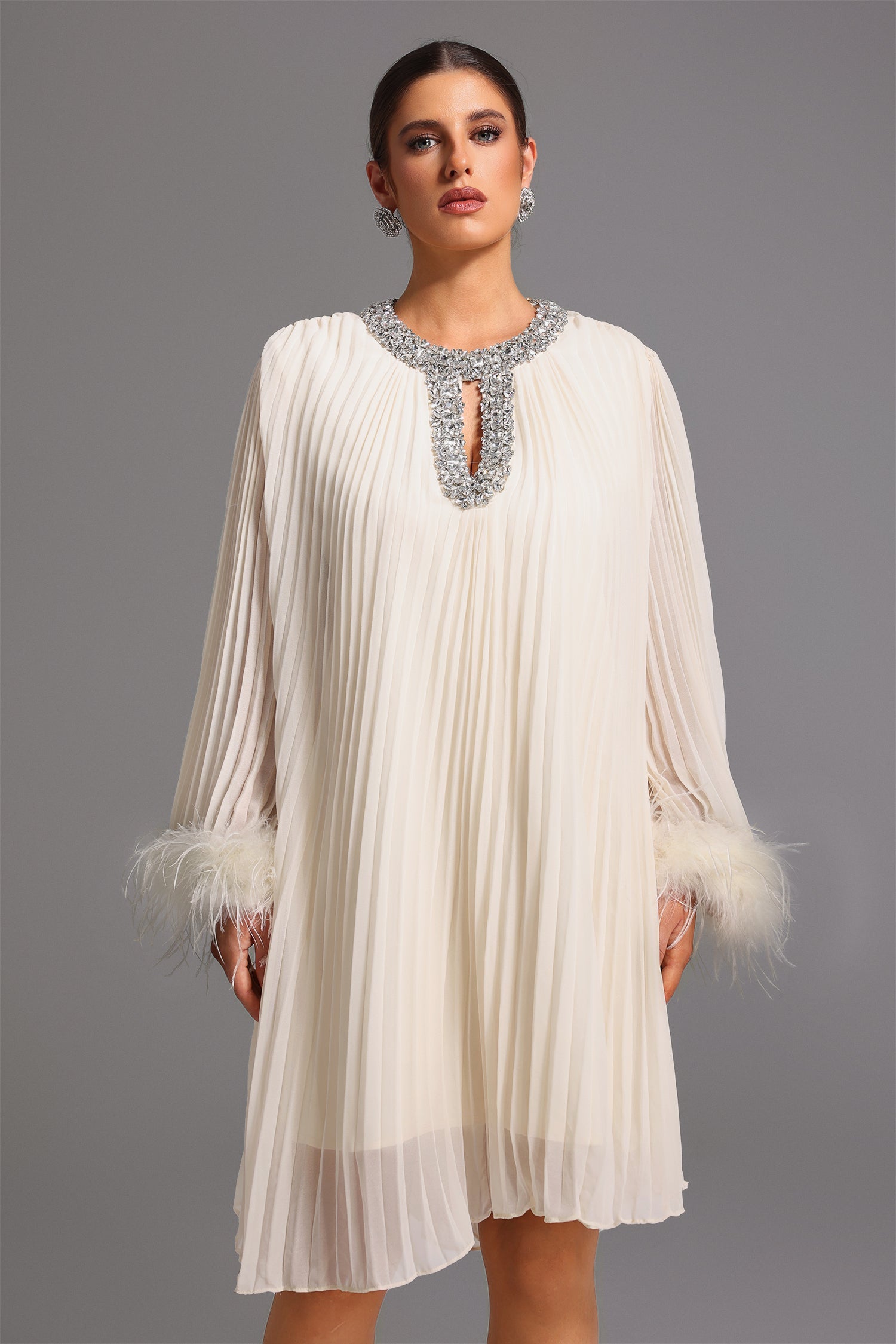 Guenda Midi Dress - Pleated - Diamond Detailing - Feather Accents - Lightweight Fabric