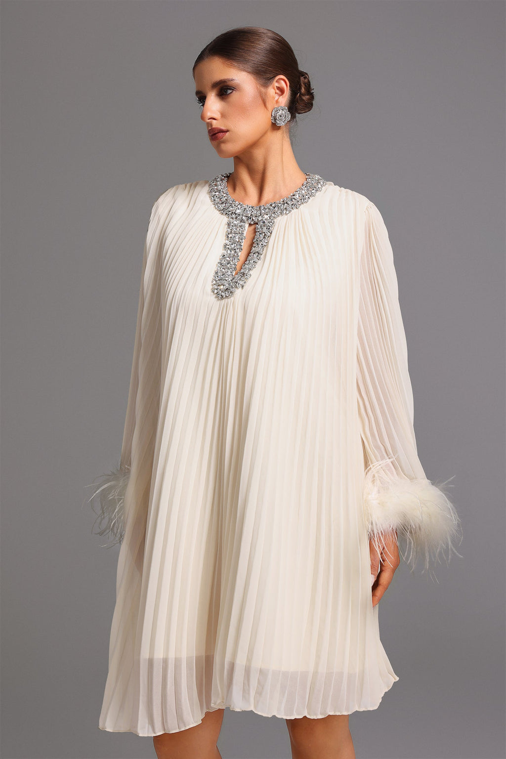 Guenda Midi Dress - Pleated - Diamond Detailing - Feather Accents - Lightweight Fabric