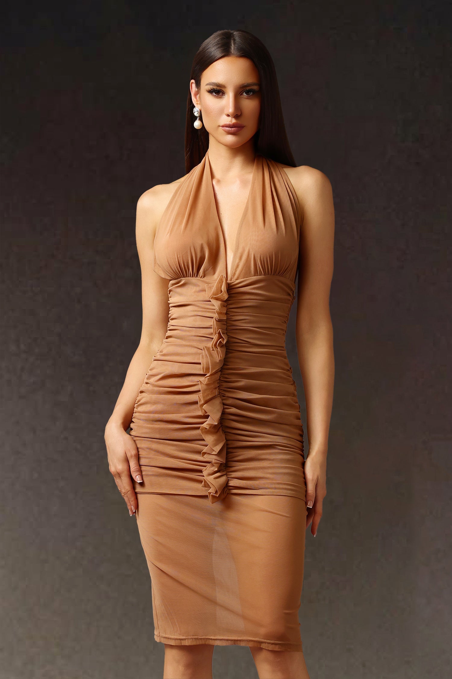 Imelda Midi Dress - Halter V-Neck - Ruched Detailing - Sophisticated Midi Length - Exquisite Fold - Comfortable Stretch Fabric