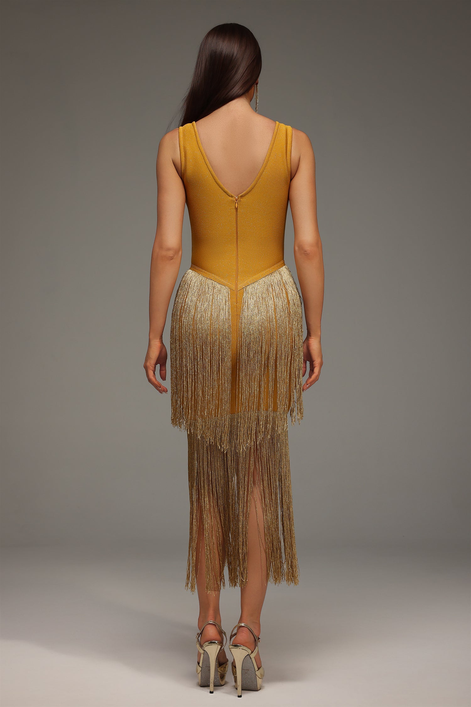 Holland Midi Dress - Sleeveless V-Neck - Tassels Bandage - Flattering Silhouette - Comfortable Fit - Eye-Catching