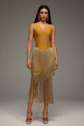 Holland Midi Dress - Sleeveless V-Neck - Tassels Bandage - Flattering Silhouette - Comfortable Fit - Eye-Catching