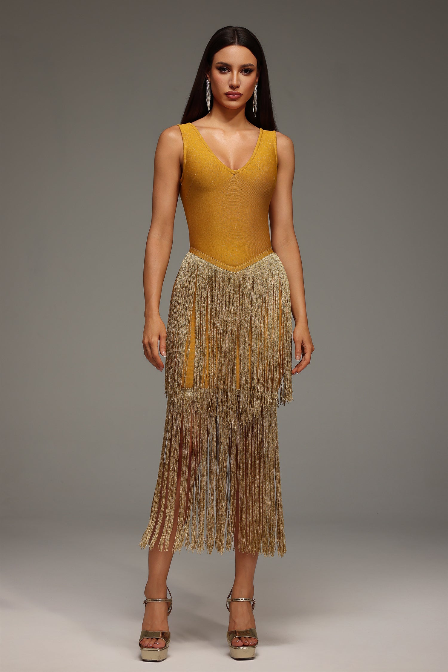 Holland Midi Dress - Sleeveless V-Neck - Tassels Bandage - Flattering Silhouette - Comfortable Fit - Eye-Catching