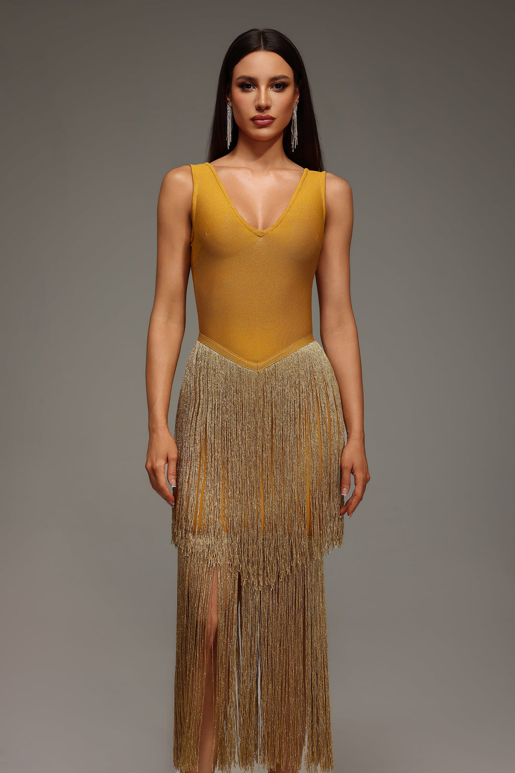 Holland Midi Dress - Sleeveless V-Neck - Tassels Bandage - Flattering Silhouette - Comfortable Fit - Eye-Catching