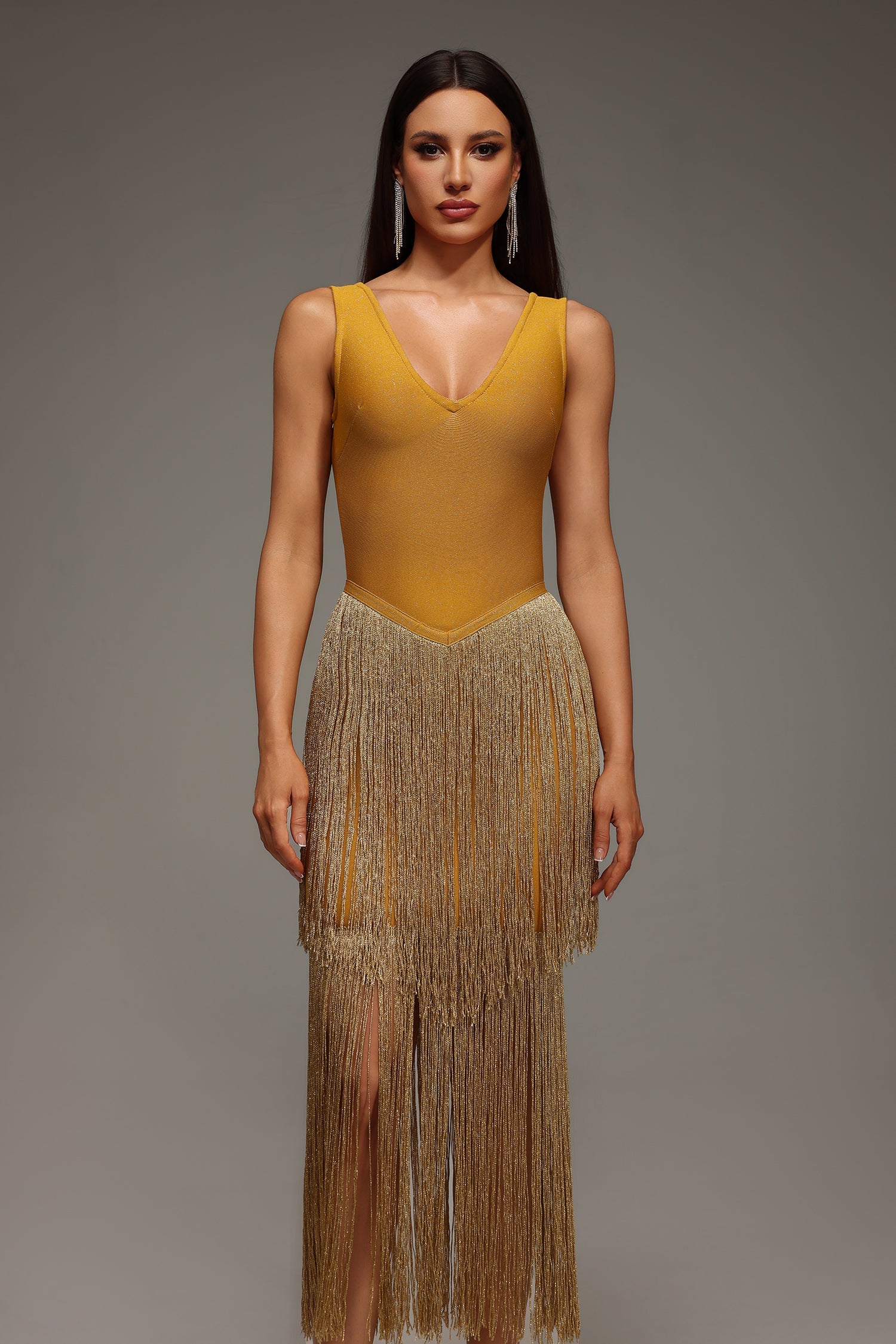 Holland Midi Dress - Sleeveless V-Neck - Tassels Bandage - Flattering Silhouette - Comfortable Fit - Eye-Catching