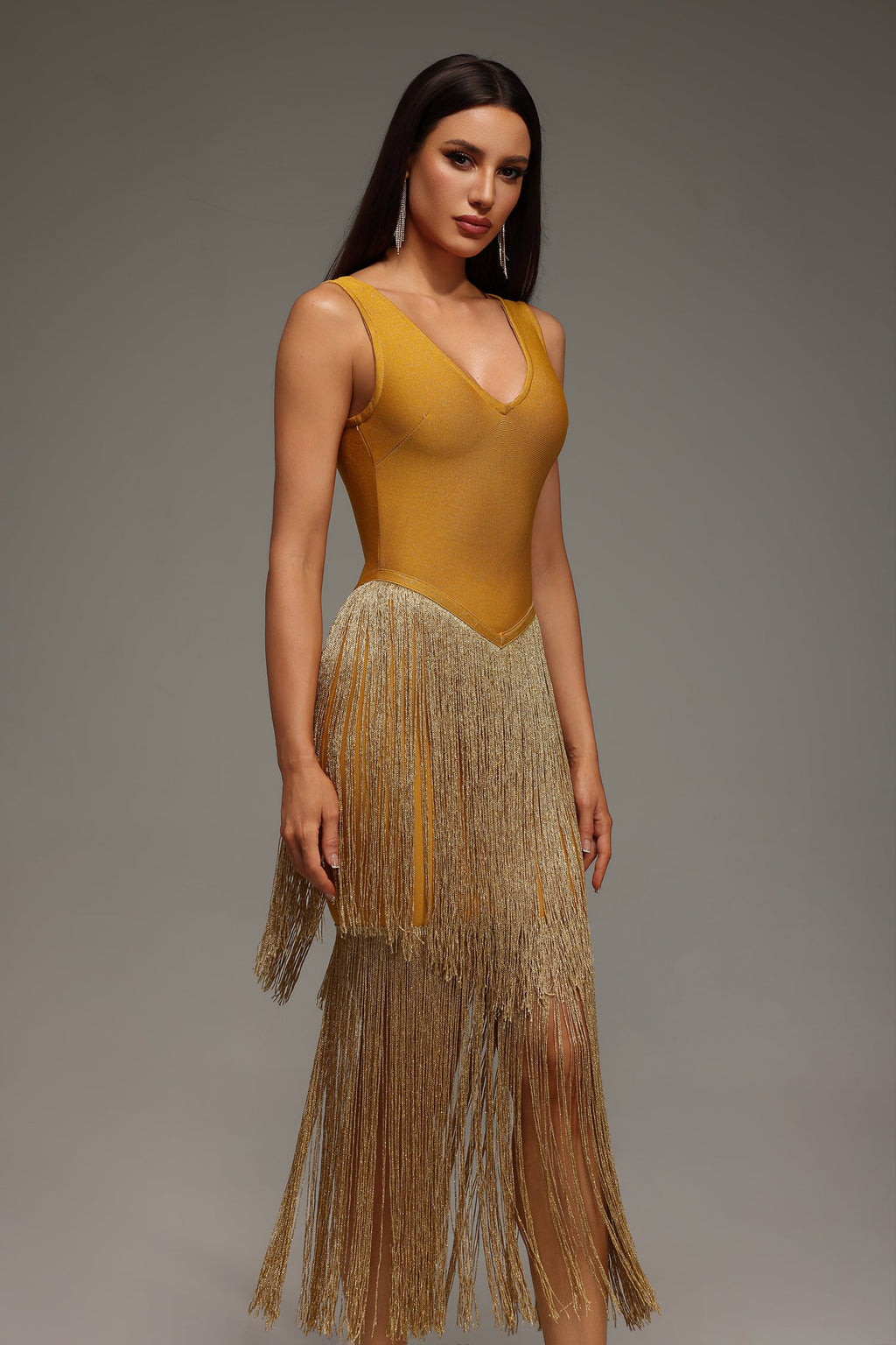 Holland Midi Dress - Sleeveless V-Neck - Tassels Bandage - Flattering Silhouette - Comfortable Fit - Eye-Catching
