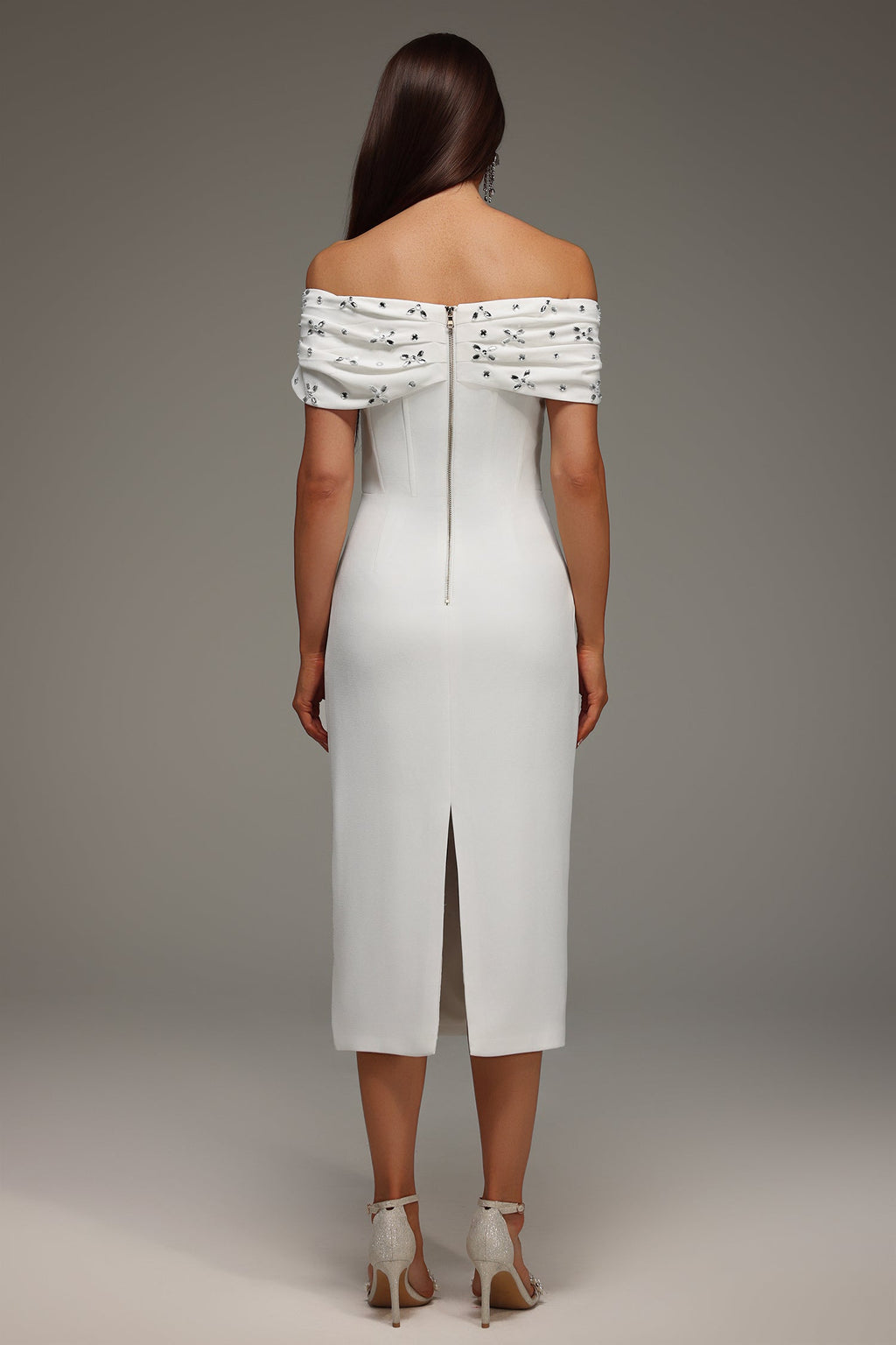 Mariuccia Midi Dress - Off The Shoulder Neckline - Diamond Bandage Detailing - Figure-Hugging Fit