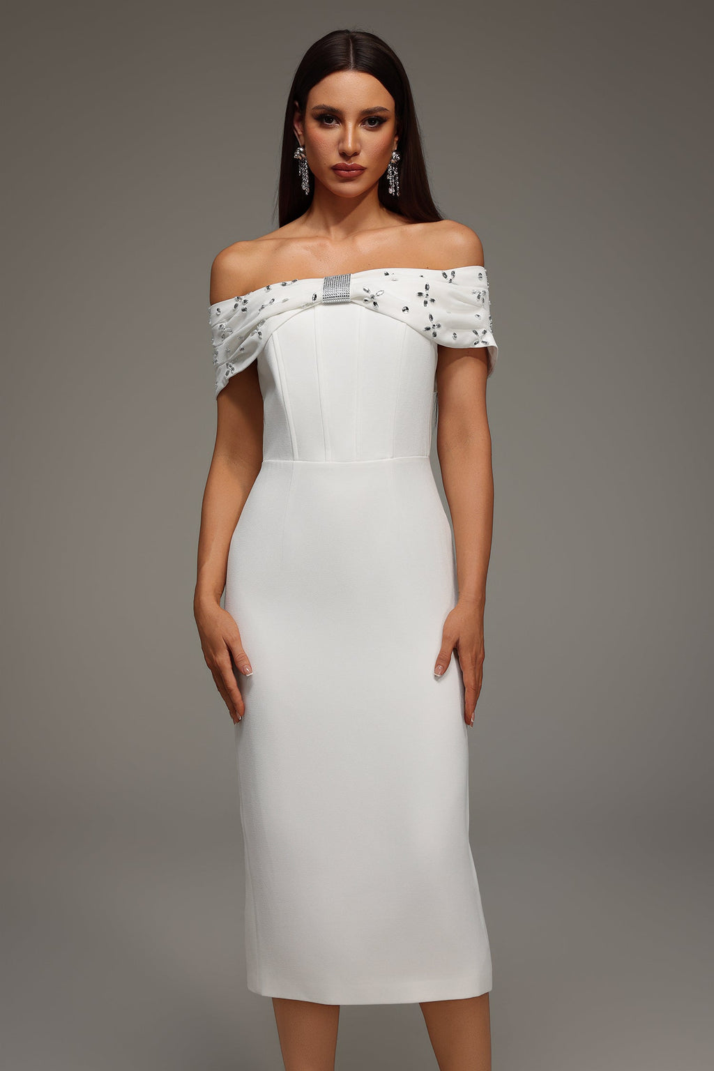Mariuccia Midi Dress - Off The Shoulder Neckline - Diamond Bandage Detailing - Figure-Hugging Fit
