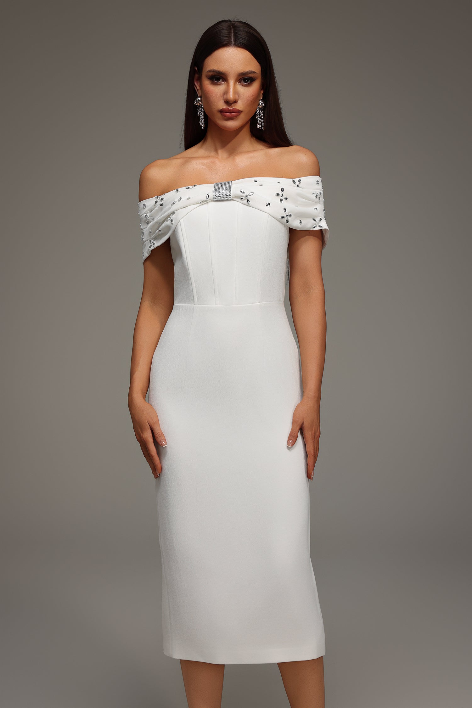Mariuccia Midi Dress - Off The Shoulder Neckline - Diamond Bandage Detailing - Figure-Hugging Fit