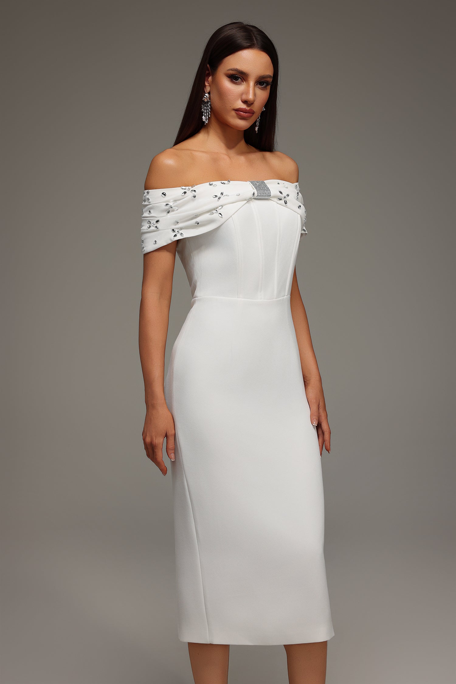 Mariuccia Midi Dress - Off The Shoulder Neckline - Diamond Bandage Detailing - Figure-Hugging Fit
