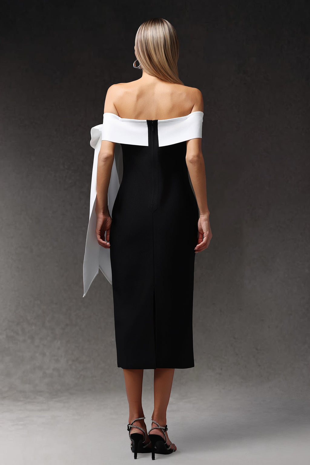Sara Midi Dress - Sleeveless - Off The Shoulder - Bow Bandage - Sleek Silhouette - Luxurious Fit Feel