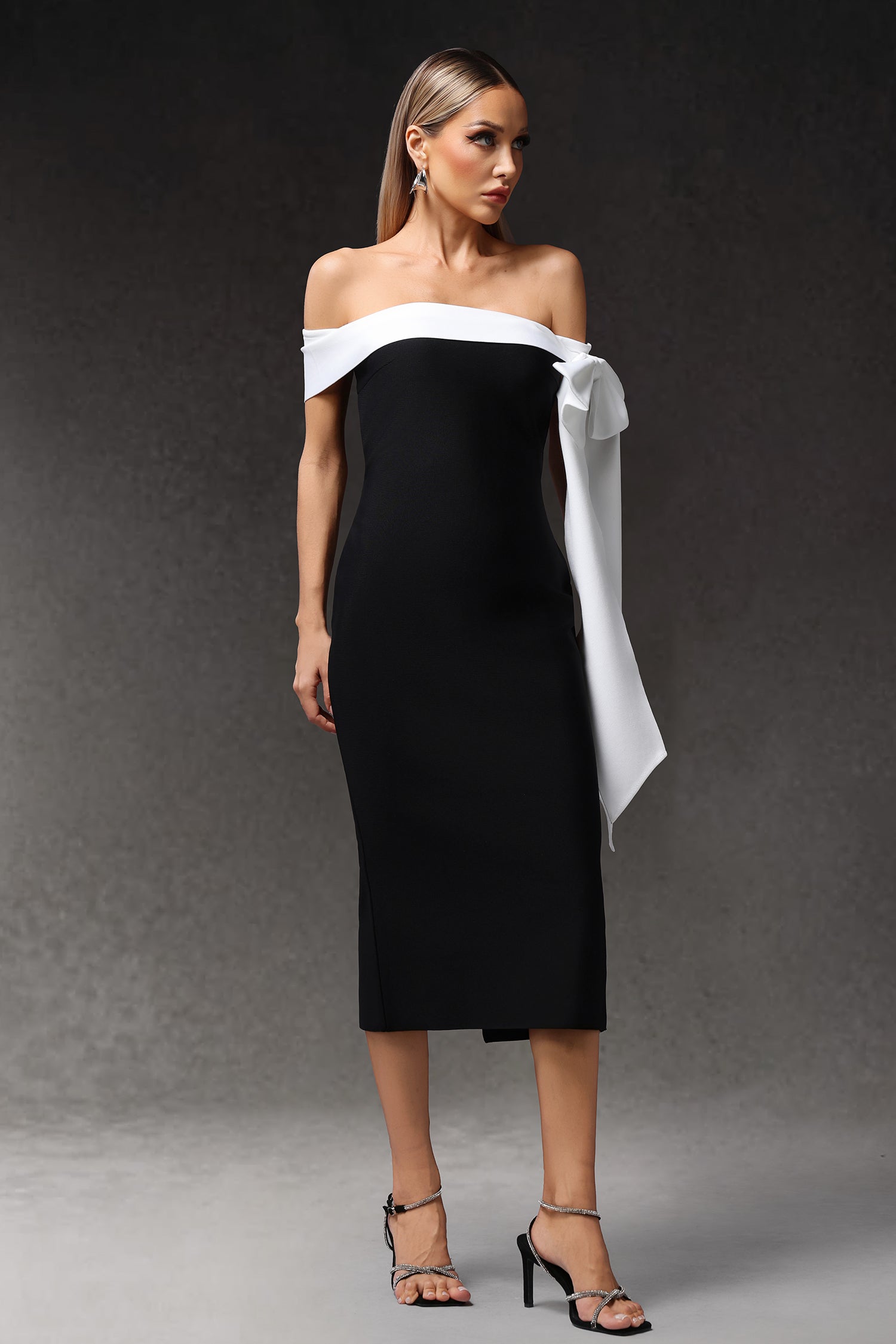 Sara Midi Dress - Sleeveless - Off The Shoulder - Bow Bandage - Sleek Silhouette - Luxurious Fit Feel