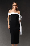 Sara Midi Dress - Sleeveless - Off The Shoulder - Bow Bandage - Sleek Silhouette - Luxurious Fit Feel
