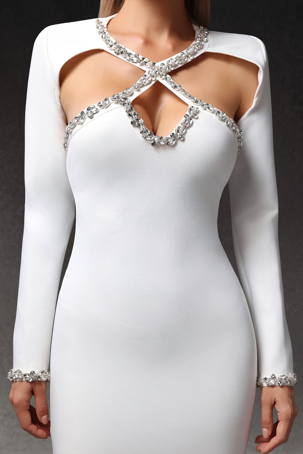 Laura Mini Dress - Hollow Out - Diamond Detailing - Long Sleeves - Unique Neckline - Flattering Fit