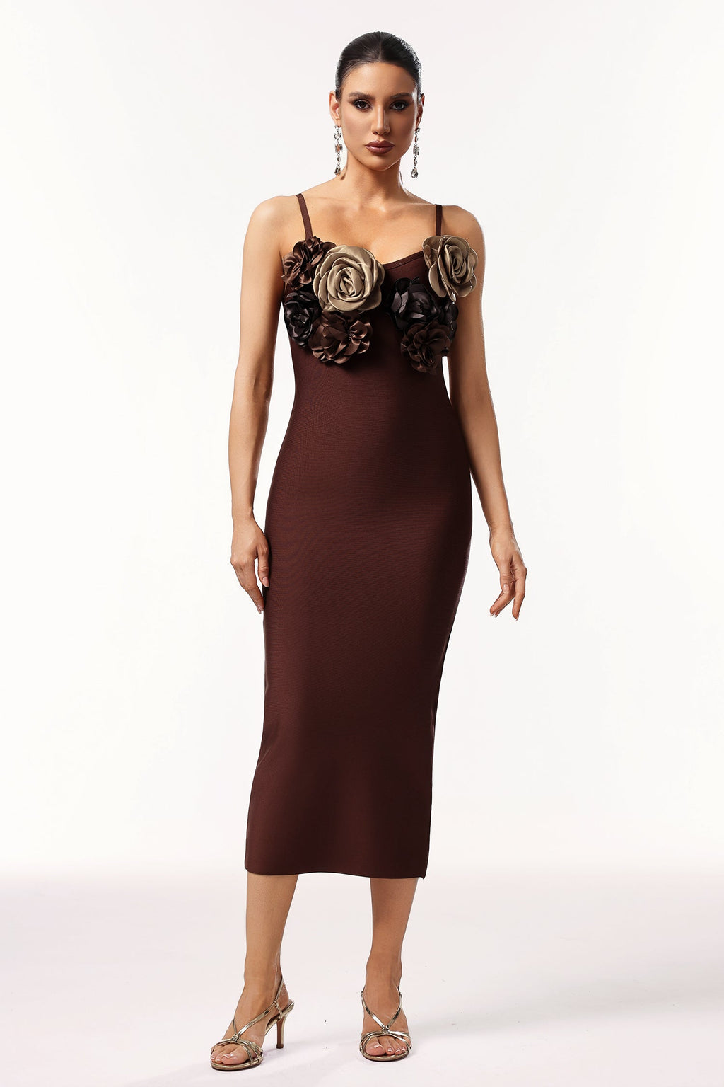 Natalia Midi Dress - Sleeveless V-Neck - Flower Bandage - Feminine Silhouette - Floral Detailing - High-Quality Comfort