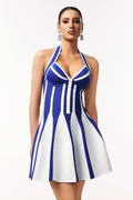 Leilani Mini Dress - Halter Neckline - Bandage Detailing - Flared Skirt - Playful Mini Length - Striking Color Contrast