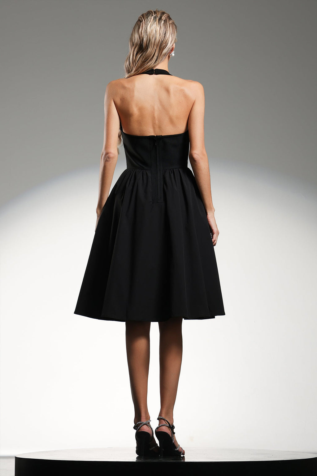 Tinsley Mini Dress - Sleeveless Halter - Deep V-Neckline - Bow Detailing - Flattering Fit - Voluminous Skirt