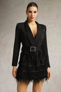 Pierina Blazer Mini Dress - Sophisticated Silhouette - Deep V-Neckline - Feather Hem Detail - Belt - Long Sleeves