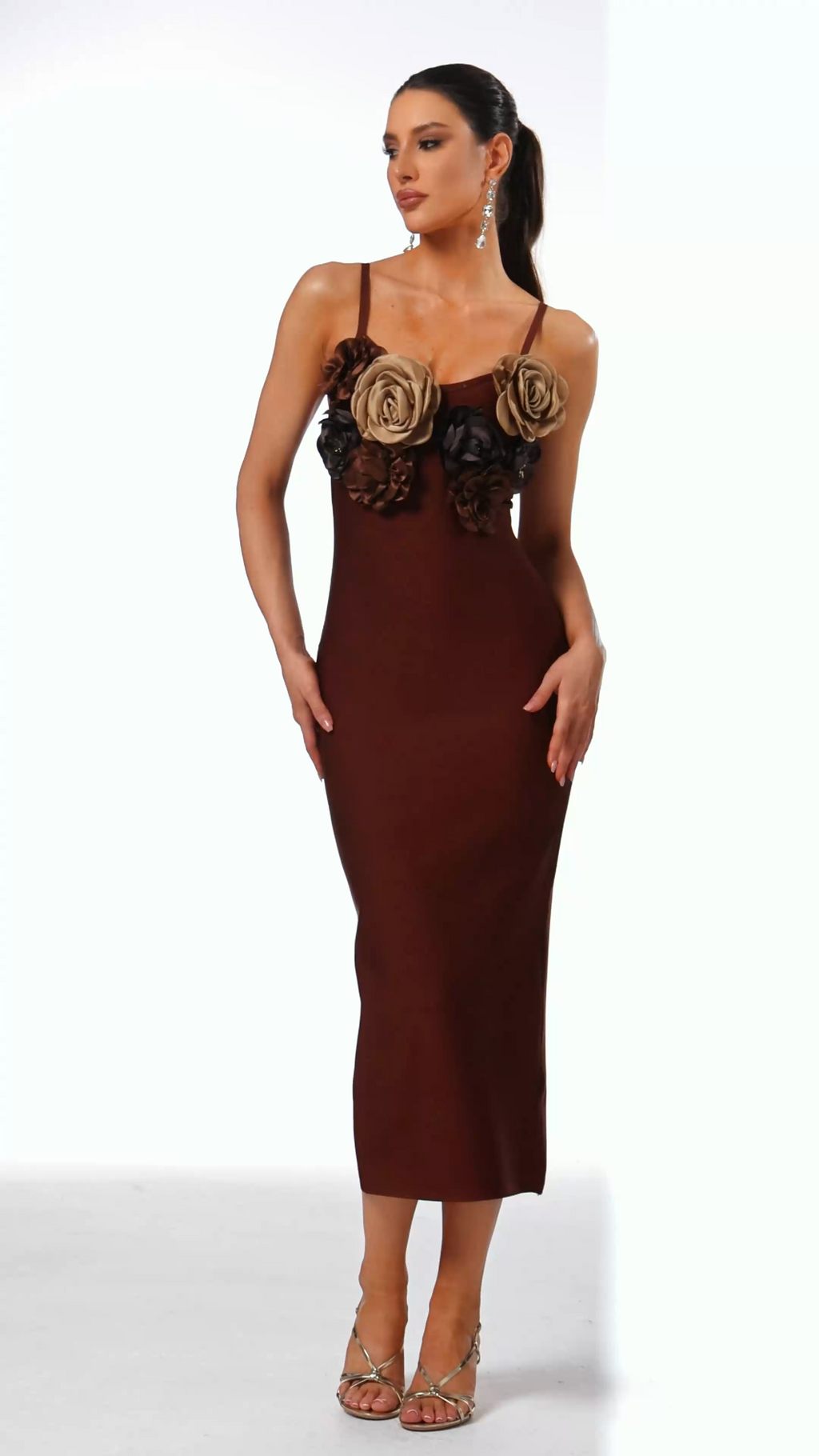 Natalia Midi Dress - Sleeveless V-Neck - Flower Bandage - Feminine Silhouette - Floral Detailing - High-Quality Comfort