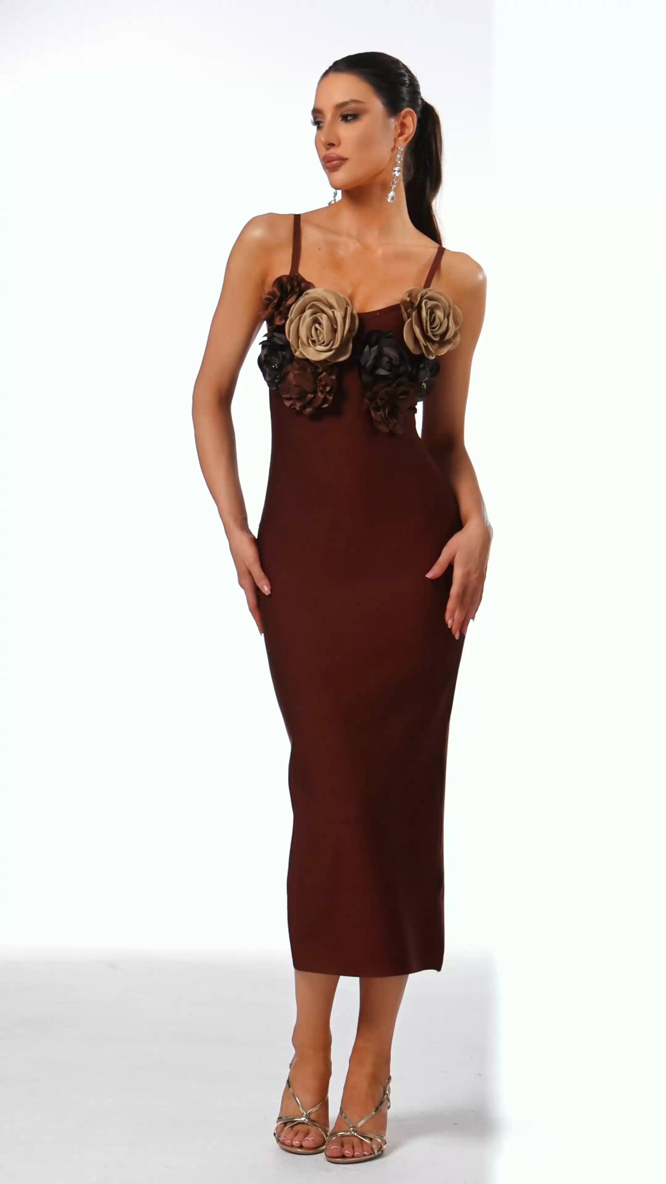 Natalia Midi Dress - Sleeveless V-Neck - Flower Bandage - Feminine Silhouette - Floral Detailing - High-Quality Comfort