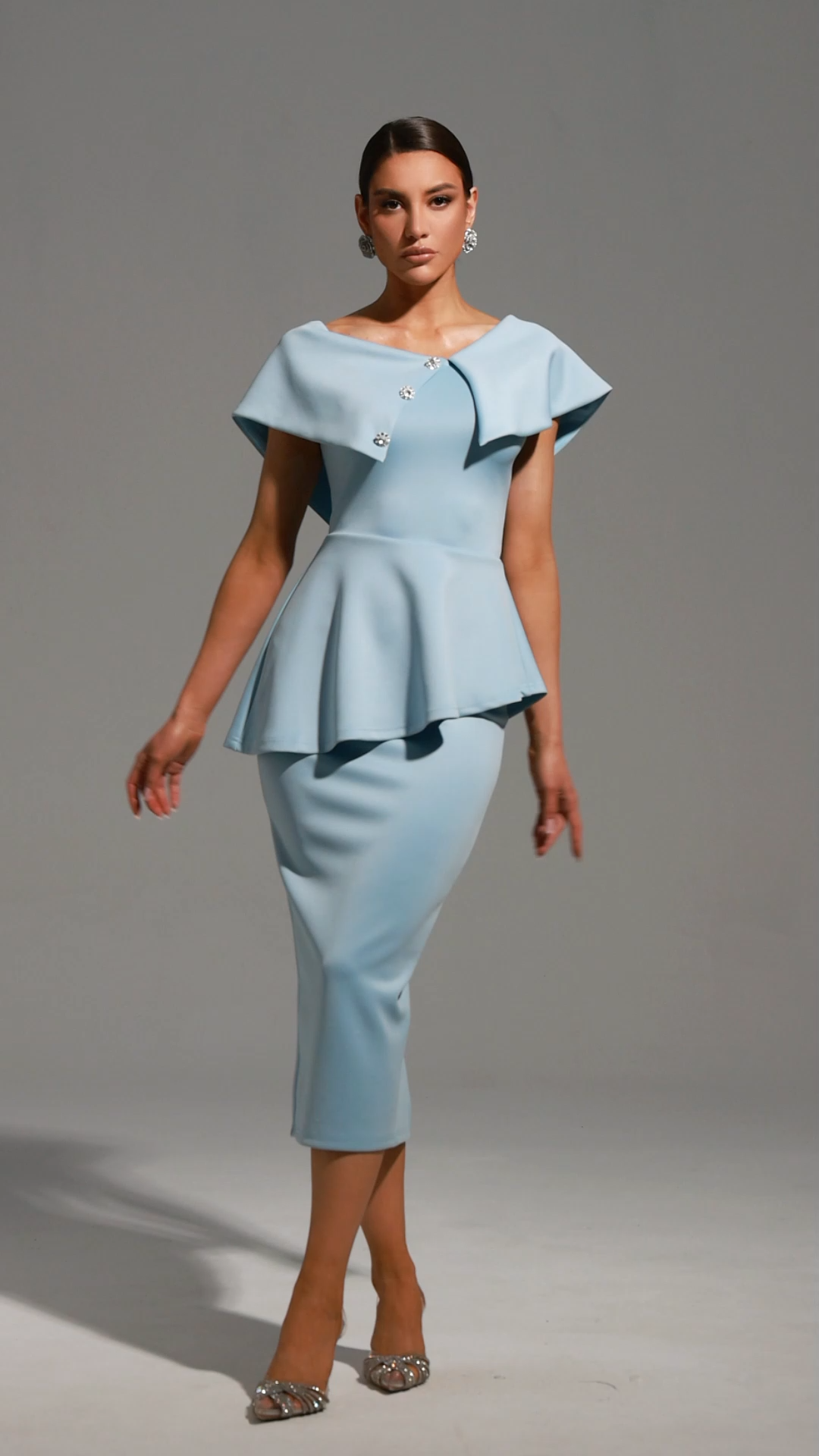 Rosetta Midi Dress - One Shoulder Flounce - Asymmetrical Neckline - Fitted Bodice - Flared Hem - Decorative Buttons